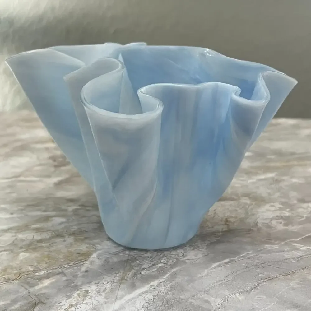Art Glass Vase Opalescent Blue White Ruffled Handkerchief Murano Style